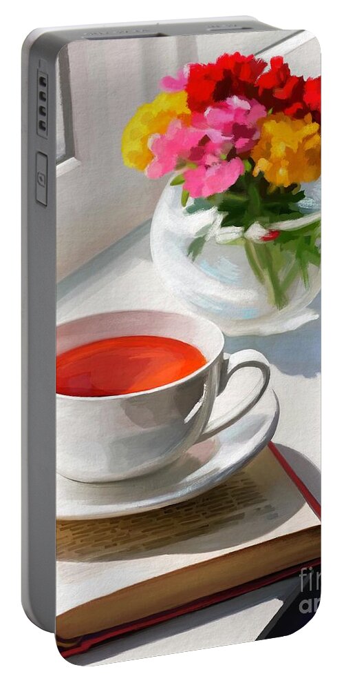 Tea Portable Battery Charger featuring the painting Quiet Moments by Tammy Lee Bradley