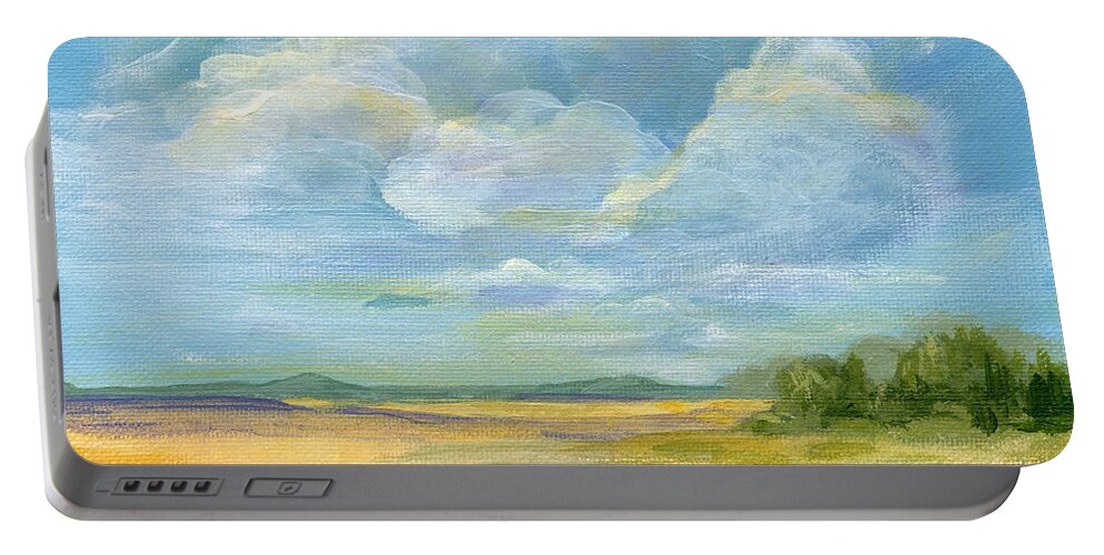 Landscape Portable Battery Charger featuring the painting Quiet - Nebraska Skies by Annie Troe