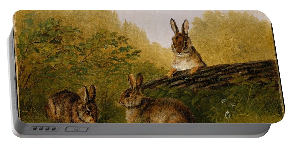 Vintage Portable Battery Charger featuring the painting Rabbits on a Log 1897 Arthur Fitzwilliam Tait American, born England by MotionAge Designs
