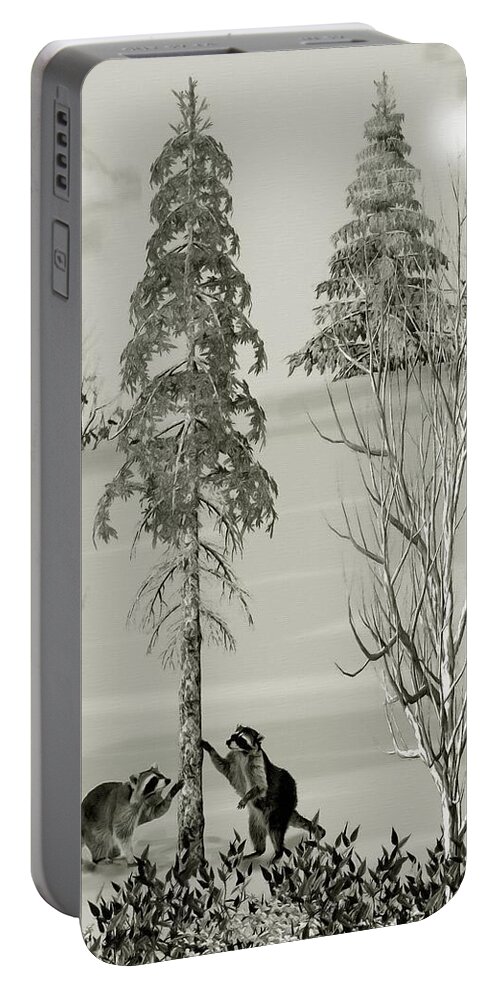 Raccoon Portable Battery Charger featuring the mixed media Raccoons in the Wild Winter Forest by David Dehner