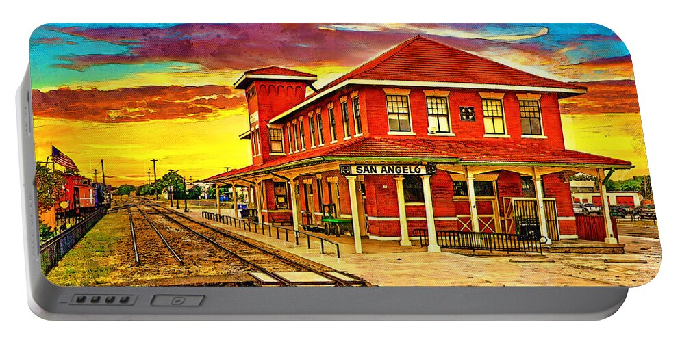 Railway Museum Portable Battery Charger featuring the digital art Railway Museum of San Angelo, Texas, at sunset - digital painting by Nicko Prints