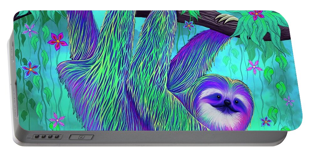 Sloth Portable Battery Charger featuring the digital art Rain Forest Flowers Sloth by Nick Gustafson