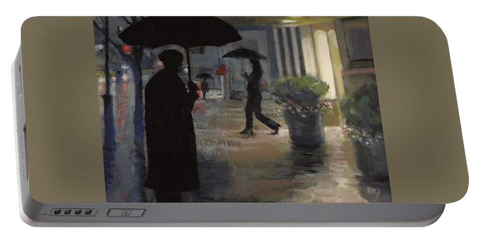 Waltmaes Portable Battery Charger featuring the painting Rain in New York by Walt Maes