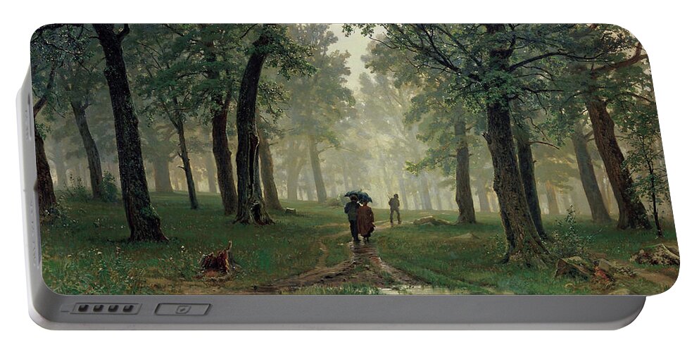 Rain Portable Battery Charger featuring the painting Rain in the Oak Forest by Ivan Shishkin