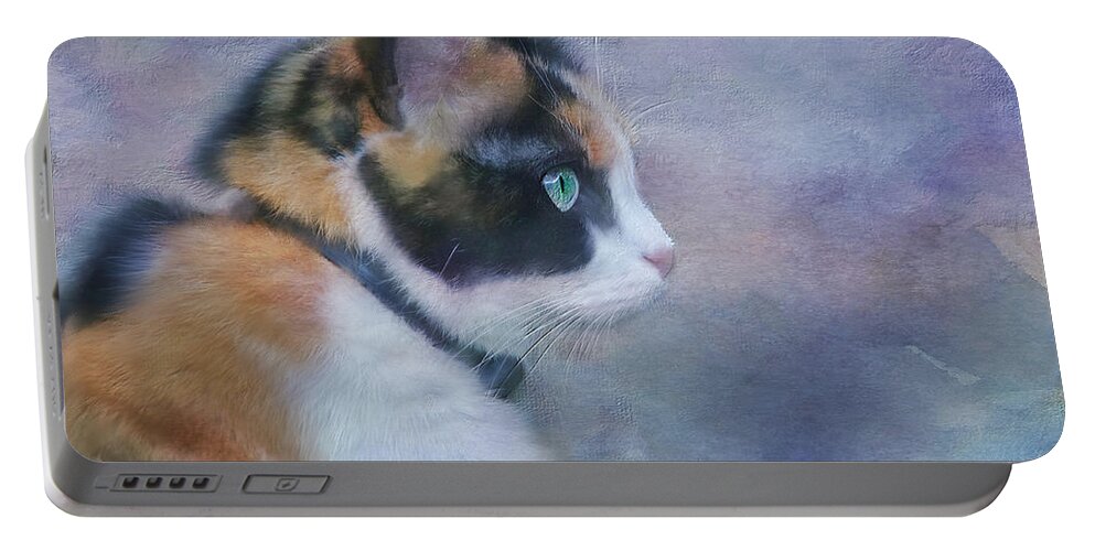Cats Portable Battery Charger featuring the mixed media The Calico Staredown by Colleen Taylor