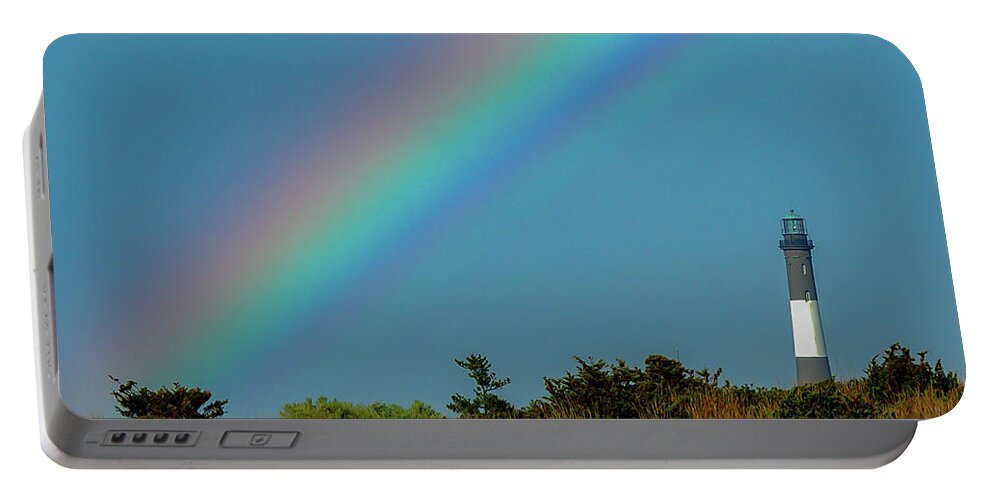Lighthouse Portable Battery Charger featuring the photograph Rainbow Over Fire Island Lighthouse by Cathy Kovarik