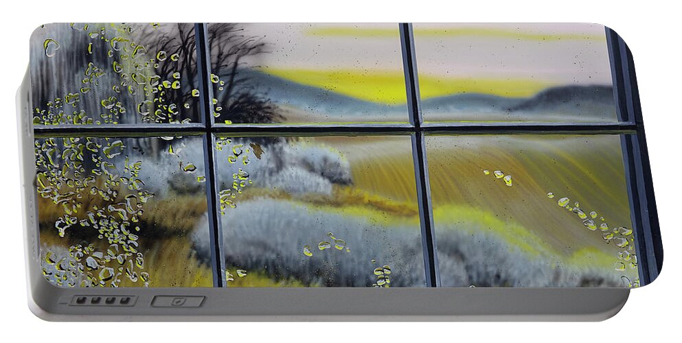Landscape Portable Battery Charger featuring the painting Rainy Dawn Through Barn Window by Lynn Hansen
