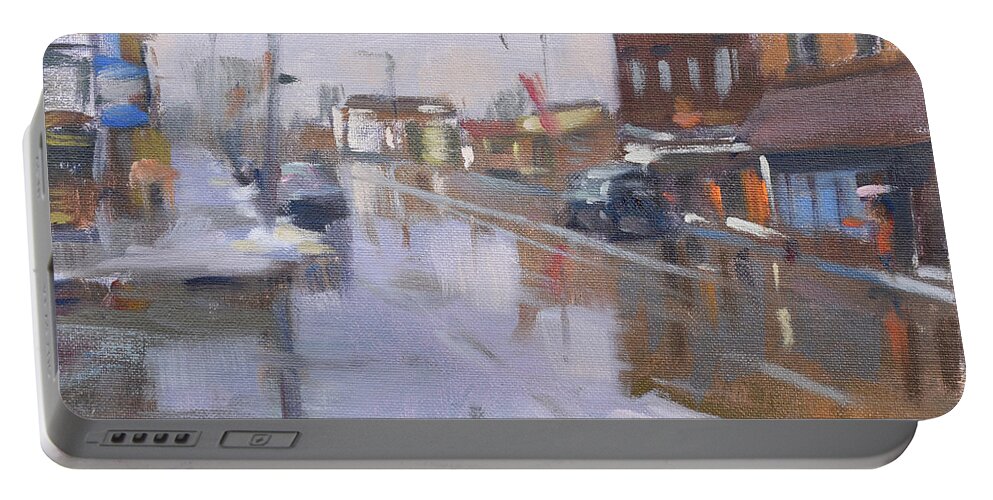 Rainy Day Portable Battery Charger featuring the painting Rainy Day at Pine Ave by Ylli Haruni