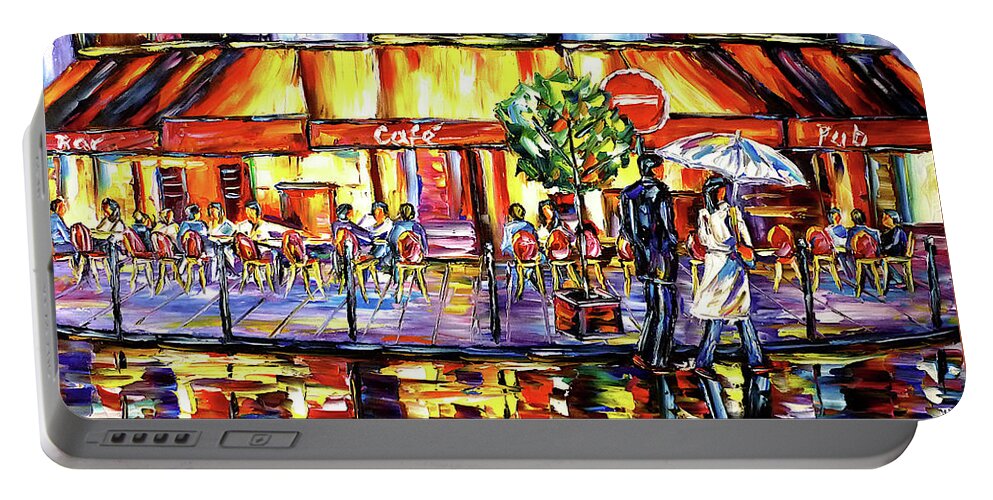 Cafe Conti Paris Portable Battery Charger featuring the painting Rainy Day In Paris by Mirek Kuzniar