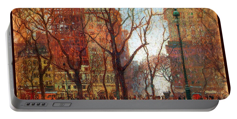 Cornoyer Portable Battery Charger featuring the painting Rainy Day Madison Square New York 1907 by Paul Cornoyer