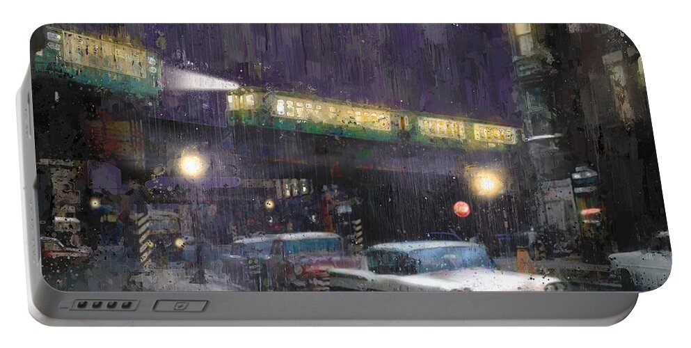 Cta Portable Battery Charger featuring the painting Rainy Night - 58 Chevy and Ravenswood Trains by Glenn Galen