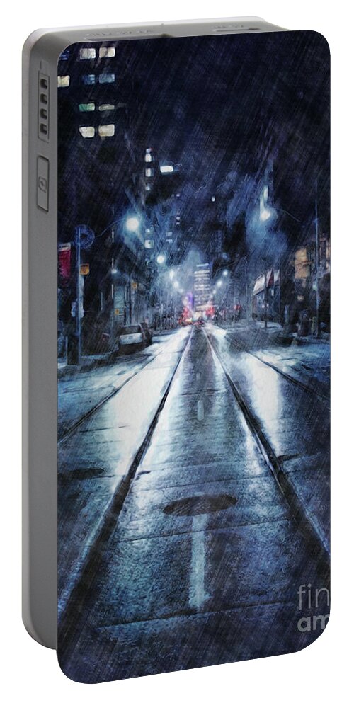 Weather Portable Battery Charger featuring the digital art Rainy Night Downtown by Phil Perkins