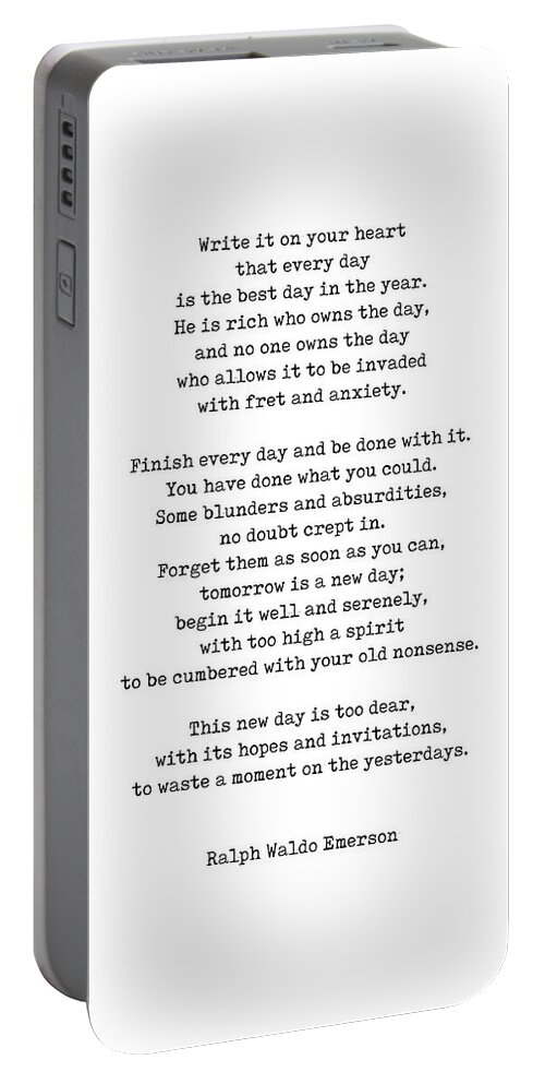 Ralph Waldo Emerson Portable Battery Charger featuring the digital art Ralph Waldo Emerson Quote - He is rich who owns the day - Minimal, Black and White, Typewriter Print by Studio Grafiikka