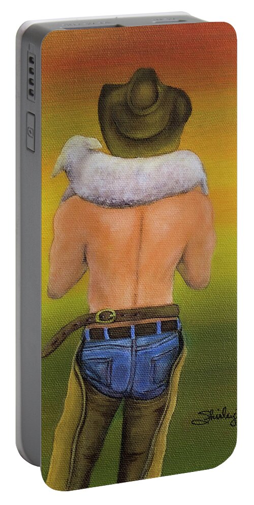 Rancher Portable Battery Charger featuring the painting Rancher with Lamb by Shirley Dutchkowski