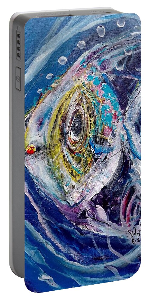 Fish Portable Battery Charger featuring the painting Rare Swing-and-A-Miss. Bastard, Bird Tongue Boy by J Vincent Scarpace