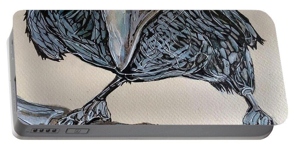 Raven Portable Battery Charger featuring the mixed media Raven's stare by Marysue Ryan
