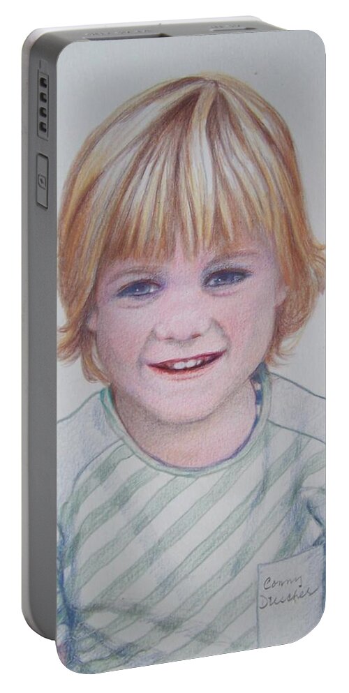 Boy Portable Battery Charger featuring the drawing Ready for the First School Photo. by Constance DRESCHER