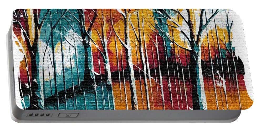 Rebound Portable Battery Charger featuring the mixed media Rebound Art No2 - colorful forest by Bonnie Bruno