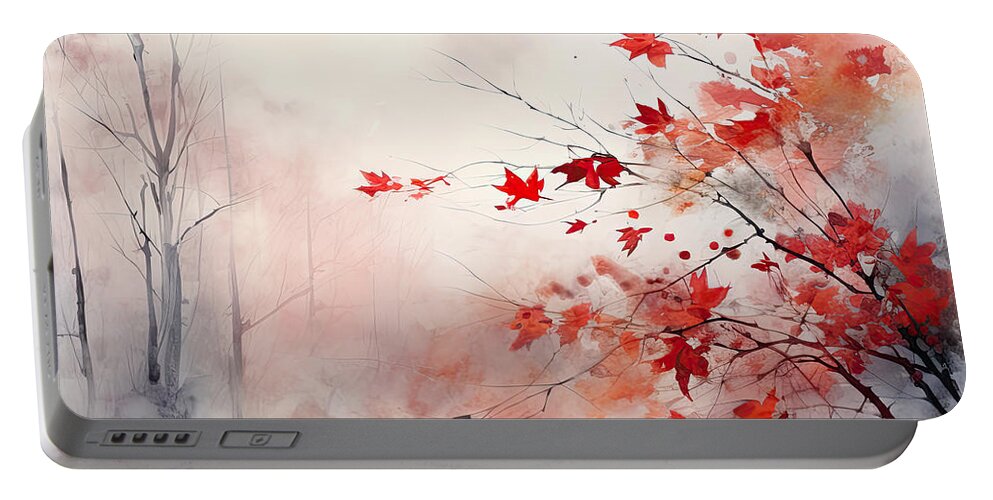 Gray And Red Art Portable Battery Charger featuring the painting Red Autumn Leaves by Lourry Legarde