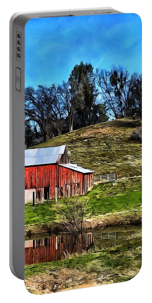 Photograph Barn Red Pond Cows Portable Battery Charger featuring the photograph Red Barn in Oils by Beverly Read