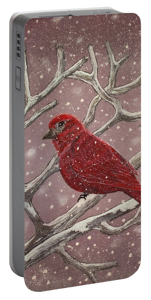 Bird Portable Battery Charger featuring the painting Winter Red Bird by Shirley Dutchkowski