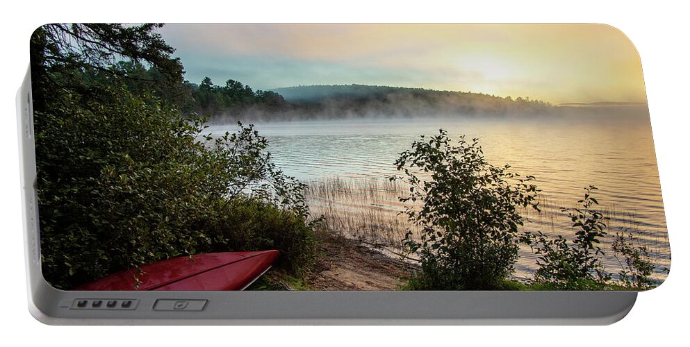 Red Portable Battery Charger featuring the photograph Red Canoe Morning by Stephen Sloan