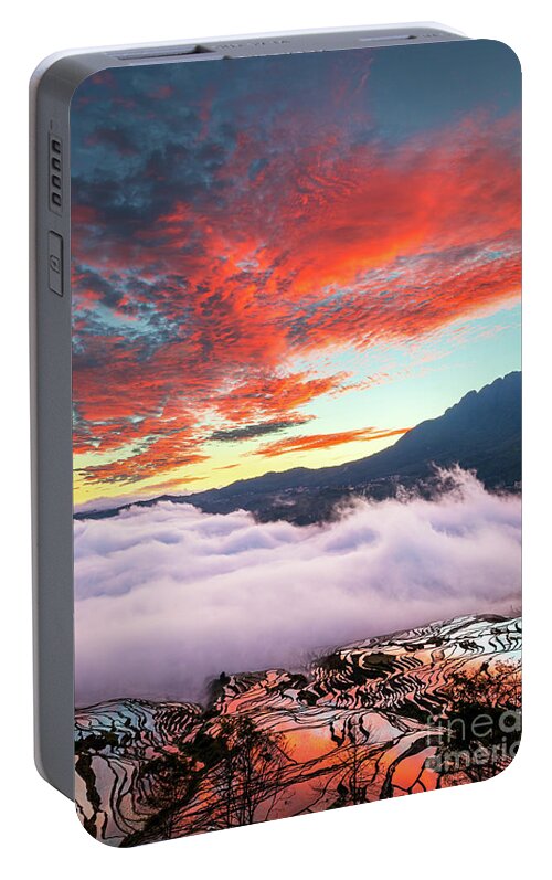 Asia Portable Battery Charger featuring the photograph Red Dawn at Rice Terraces by Inge Johnsson