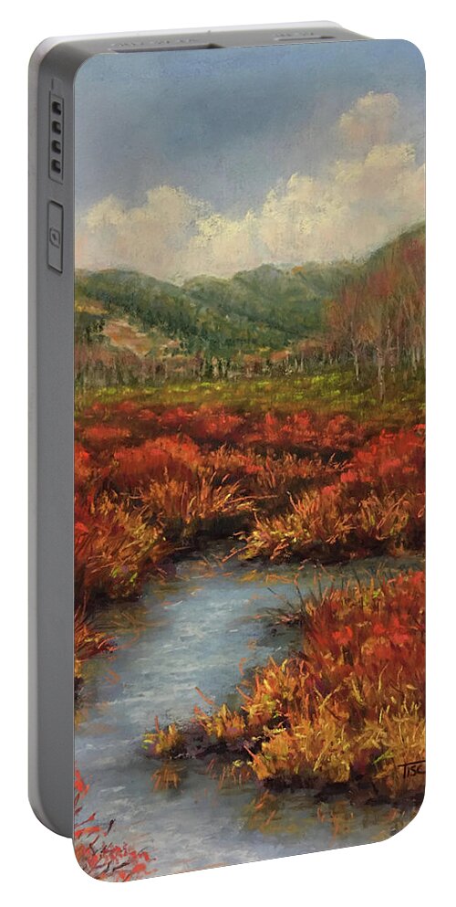 Red Twigged Dogwoods Portable Battery Charger featuring the pastel Red Dogs by Lee Tisch Bialczak