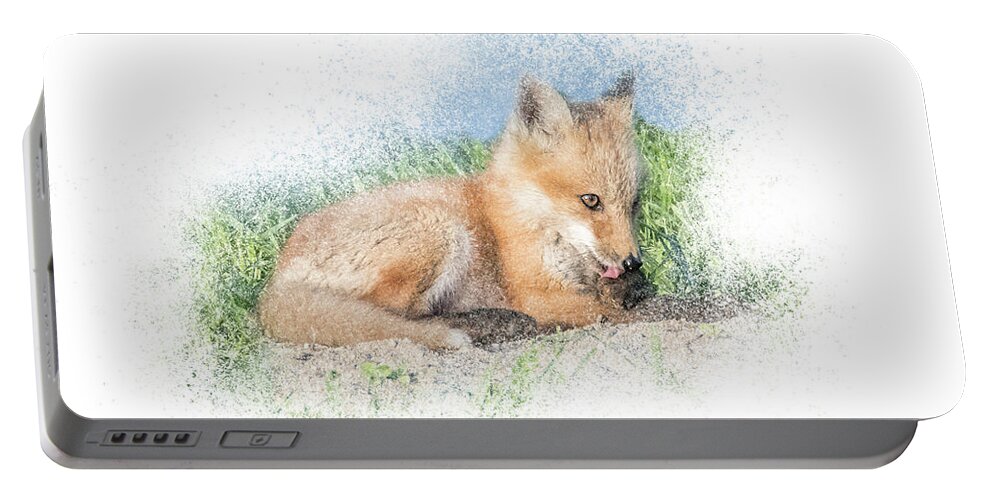 Fox Portable Battery Charger featuring the mixed media Red Fox Kit #8 - Paw Lick by Patti Deters