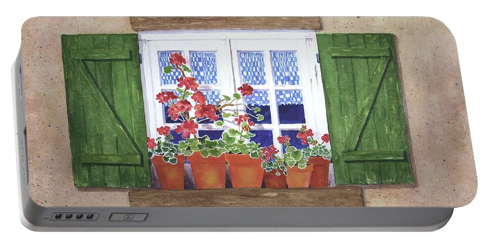 Shutters Portable Battery Charger featuring the painting Red Geraniums and Green Shutters by Mary Ellen Mueller Legault