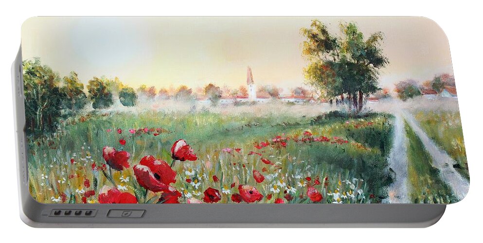 Landscape Portable Battery Charger featuring the painting Red happiness by Vesna Martinjak