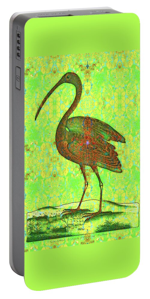 Ibis Portable Battery Charger featuring the digital art Red ibis on green brocade by Lorena Cassady