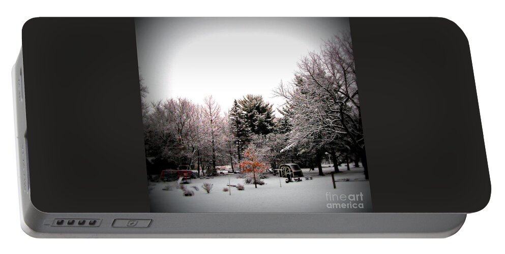 Weather Portable Battery Charger featuring the photograph Red in the Wooded Winter by Frank J Casella
