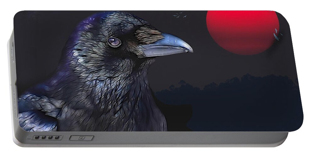 Raven Portable Battery Charger featuring the digital art Red Moon Raven by Theresa Tahara