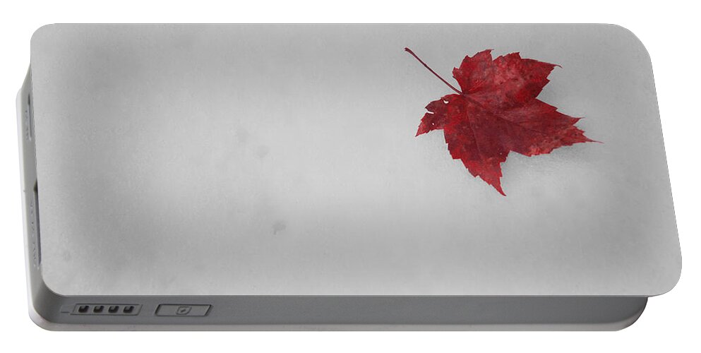Snow Portable Battery Charger featuring the mixed media Red on White by Moira Law
