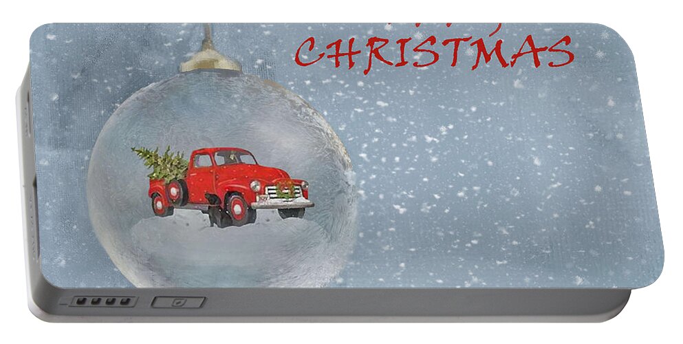Merry Christmas Portable Battery Charger featuring the mixed media Red Pickup With And Christmas Tree And Dog Ornament by Sandi OReilly