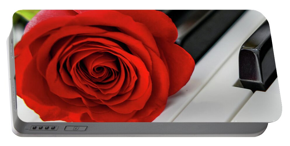 Piano Keys Portable Battery Charger featuring the photograph Red Rose On Piano Keys by Olga Hamilton