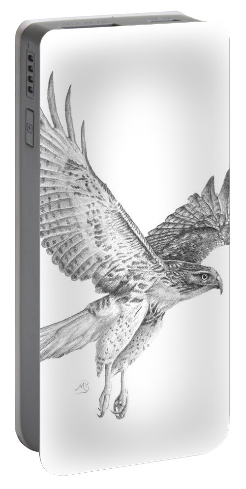 Hawk Portable Battery Charger featuring the drawing Red Tailed Hawk in Flight by Monica Burnette