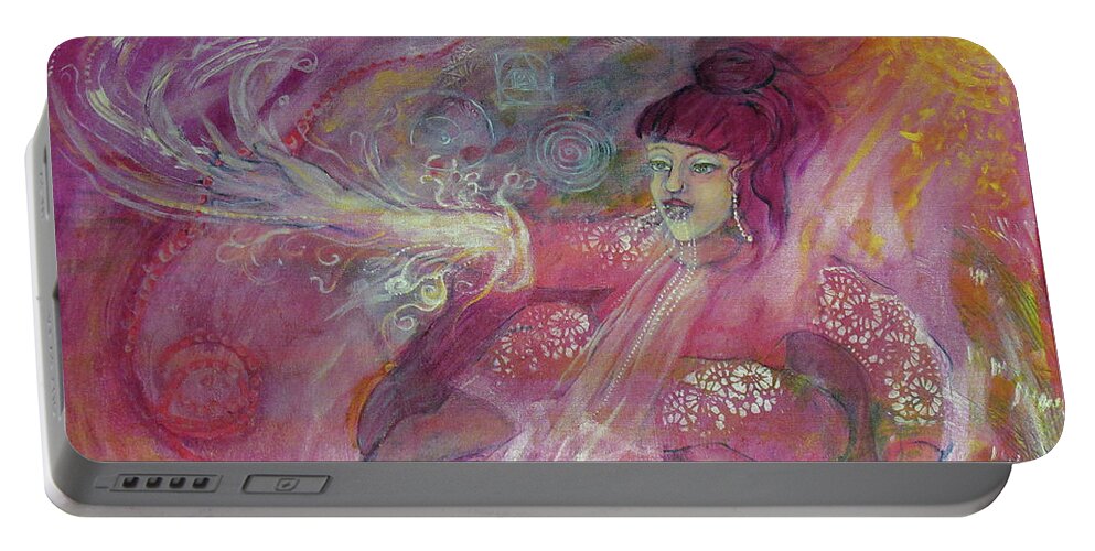 Red Thread Magic Portable Battery Charger featuring the painting Red Thread Magic for Australia by Feather Redfox