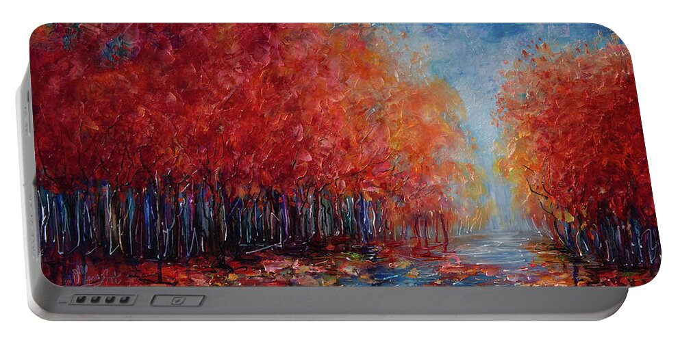  Portable Battery Charger featuring the painting Red Autumn Trees in a Fall forest Palette Knife Oil Painting by Lena Owens - OLena Art Vibrant Palette Knife and Graphic Design