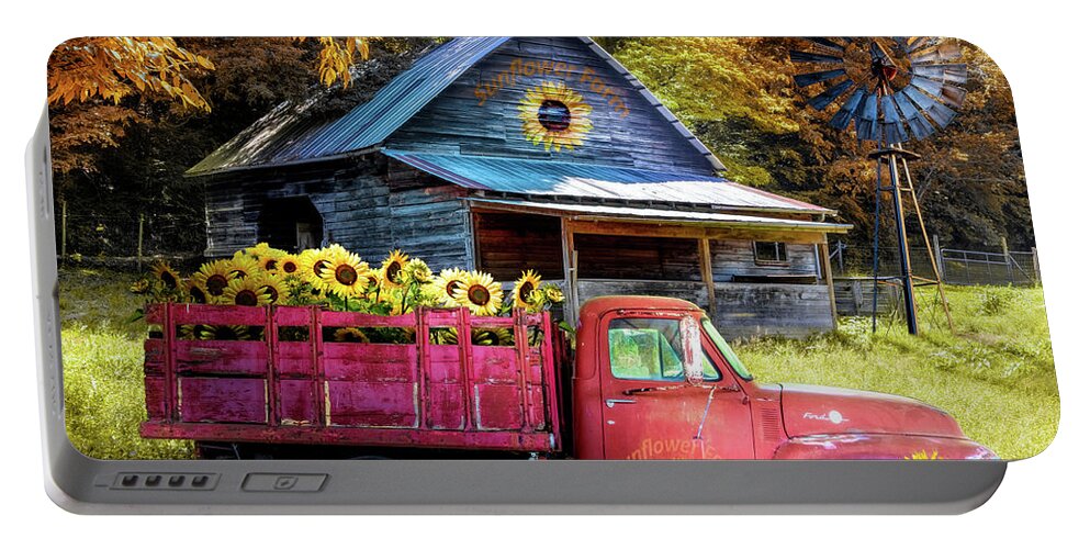 Red Portable Battery Charger featuring the photograph Red Truck at the Sunflower Farm by Debra and Dave Vanderlaan