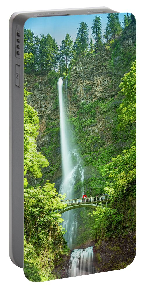 Multnomah Falls Portable Battery Charger featuring the photograph Red Umbrella Under the Multnomah Falls by Erin K Images