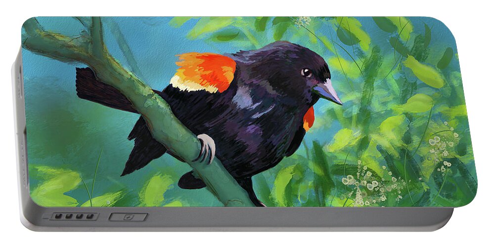 Bird Portable Battery Charger featuring the digital art Red-Winged Blackbird On Display by Lois Bryan