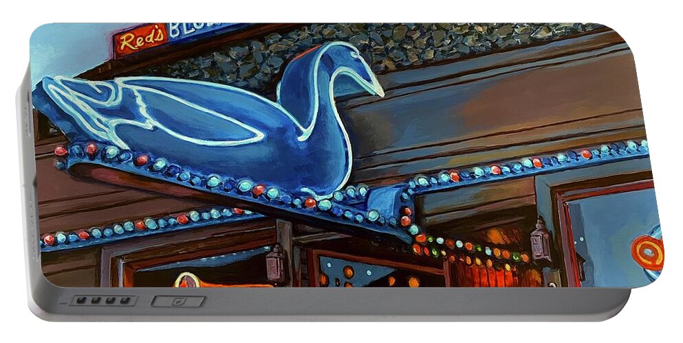 Blue Goose Saloon Portable Battery Charger featuring the painting Reds Blue Goose Saloon by Les Herman