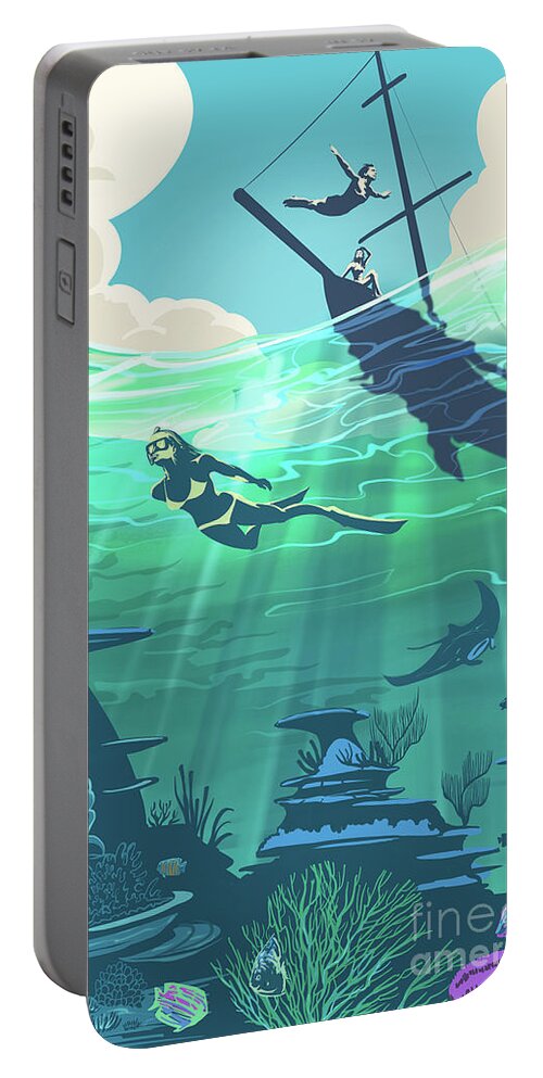 Reef Portable Battery Charger featuring the painting Reef Diver by Sassan Filsoof