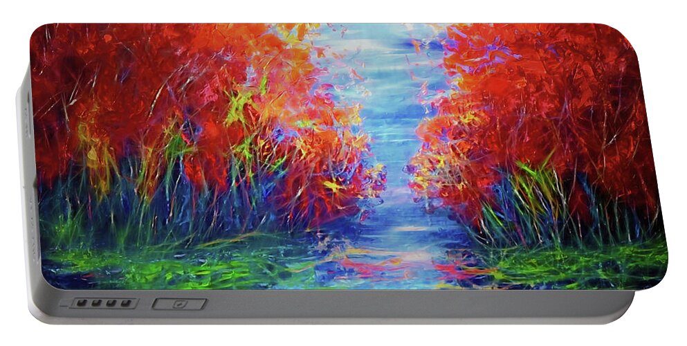  Abstract Portable Battery Charger featuring the painting Reflection of Red Trees by OLena Art