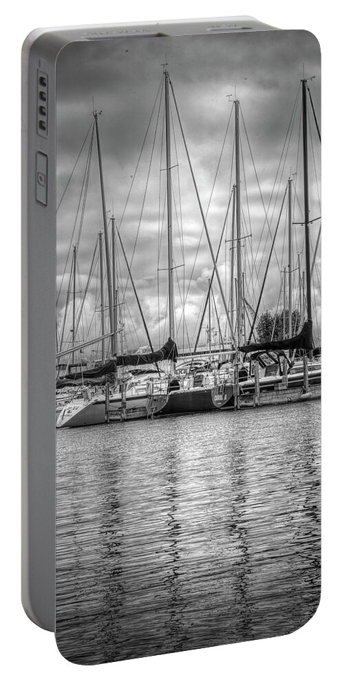 Boats Portable Battery Charger featuring the photograph Reflections and Boats at the Harbor in Black and White by Debra and Dave Vanderlaan