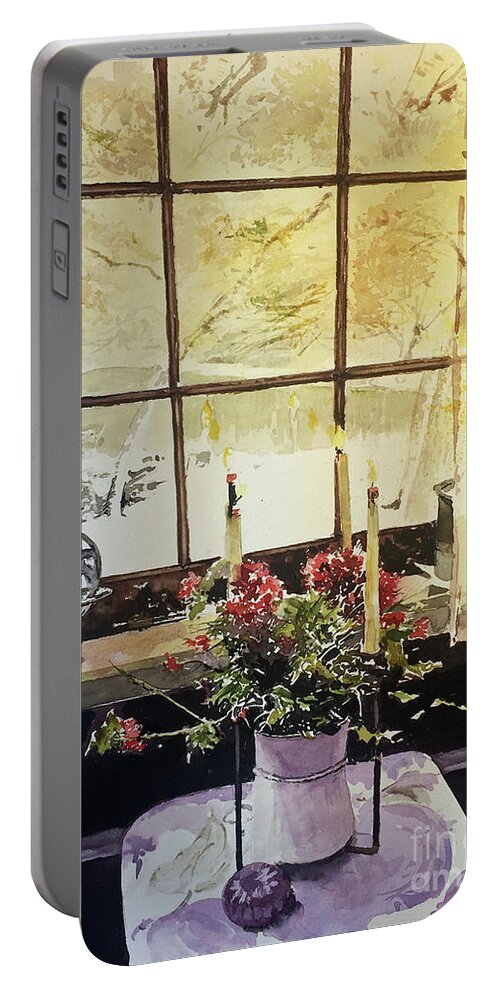 A Flower Arrangement With Lit Candles Sets On A Table By A Curtained Window.. Portable Battery Charger featuring the painting Reflections by Monte Toon