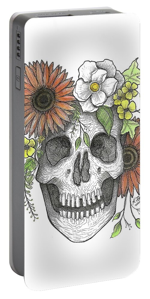 Skull Portable Battery Charger featuring the painting Regal Blossoms Crowned Skull FALL COLORS by Kathy Pope