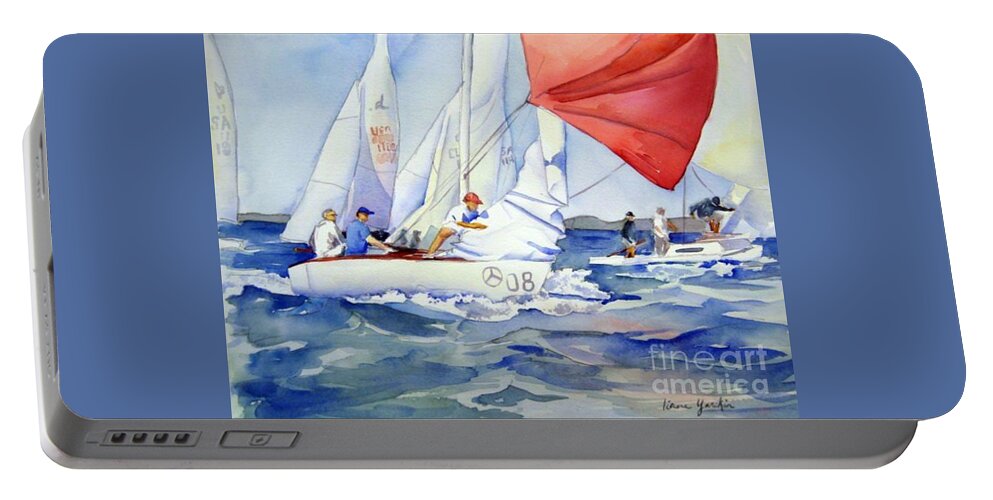 Sailboat Portable Battery Charger featuring the painting Regatta Win by Liana Yarckin